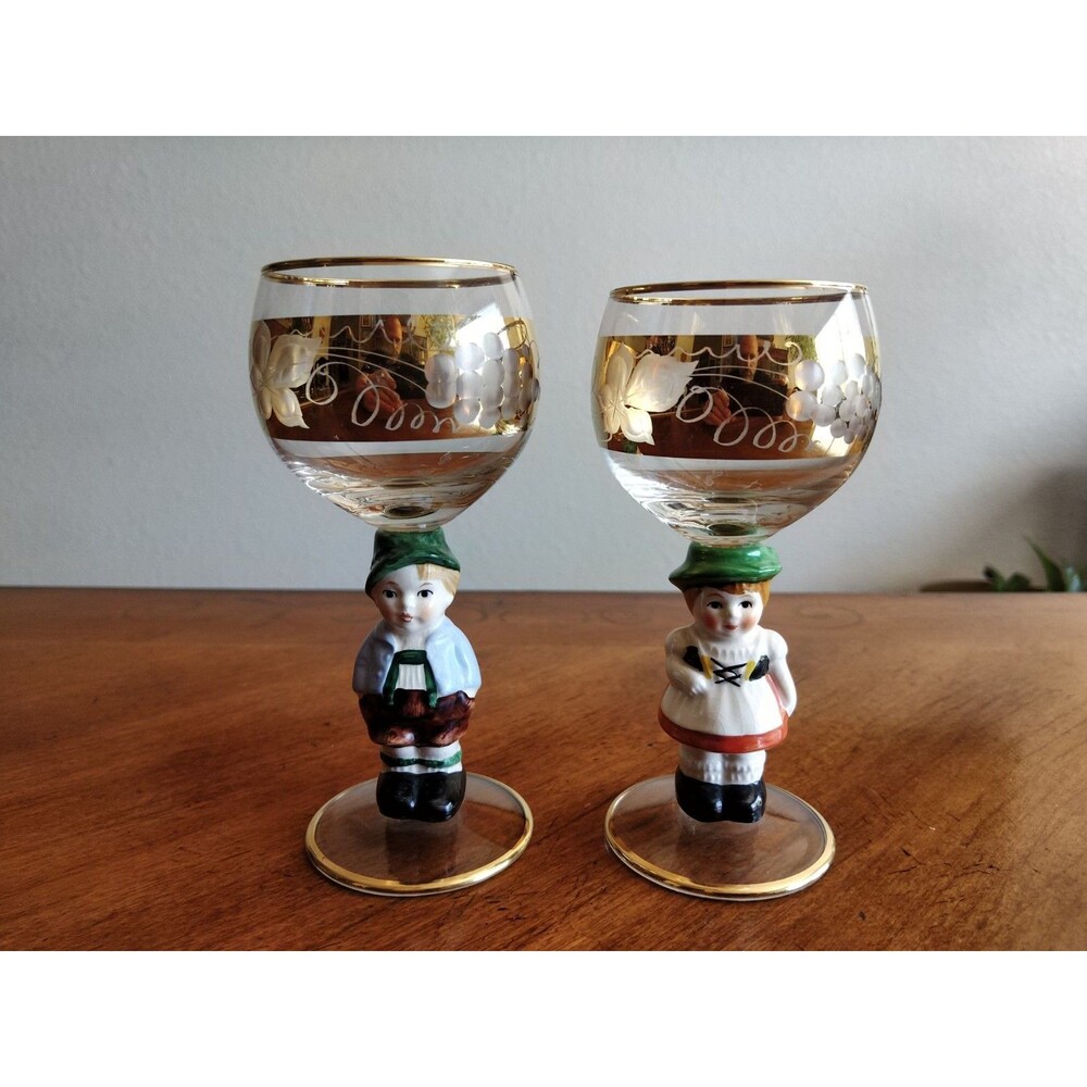Pair of Vintage Goebel Hummel Figurine Cordial Wine Glasses Goblets Gold Rims